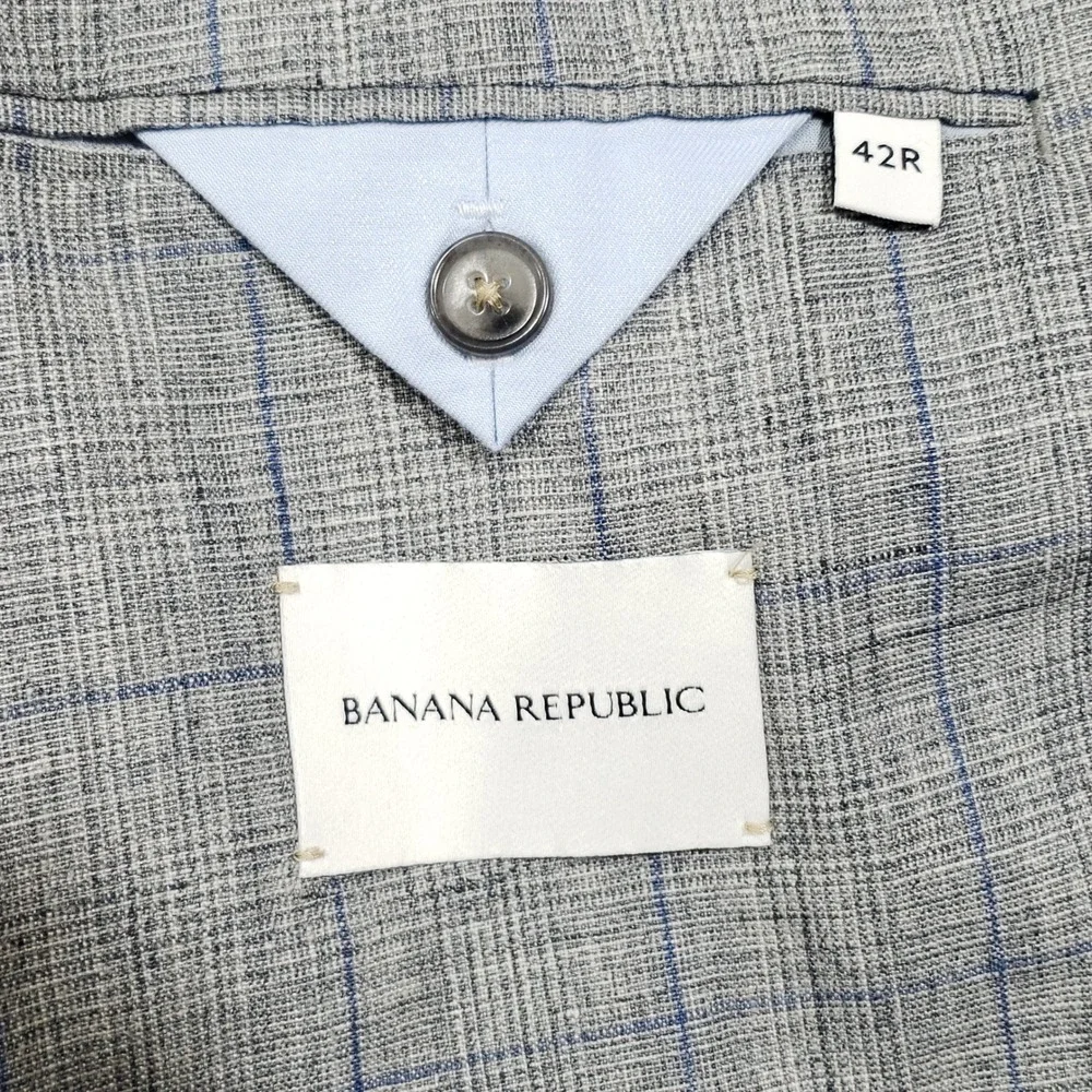 Banana Republic Linen Jacket Mens 42 Regular Gray Plaid Blazer 674506-00 Summer